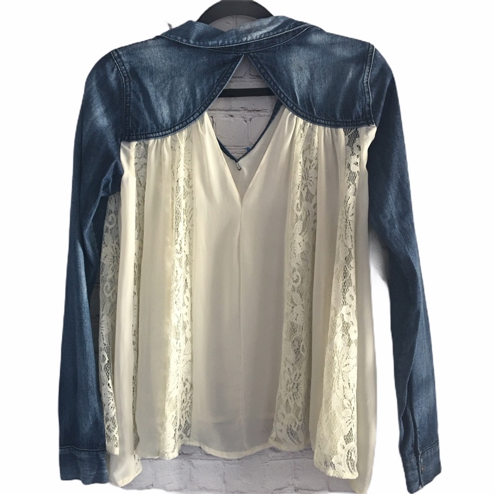 Free People Ivory Sheer Chiffon Lace Denim Blouse - Picture 4 of 8
